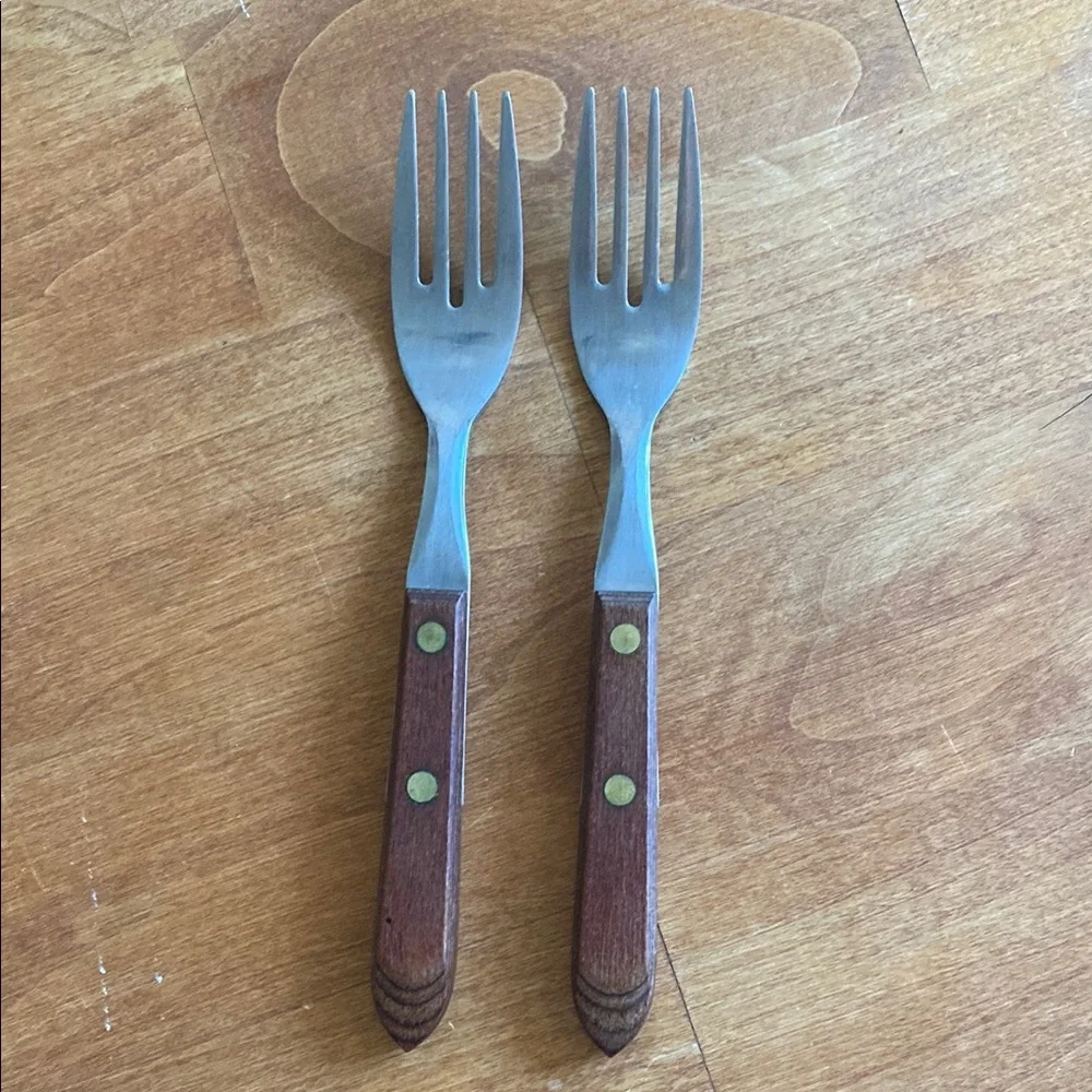 Vtg MCM Mid Century Town & Country Wooden Handle Salad Dessert Forks Flatware